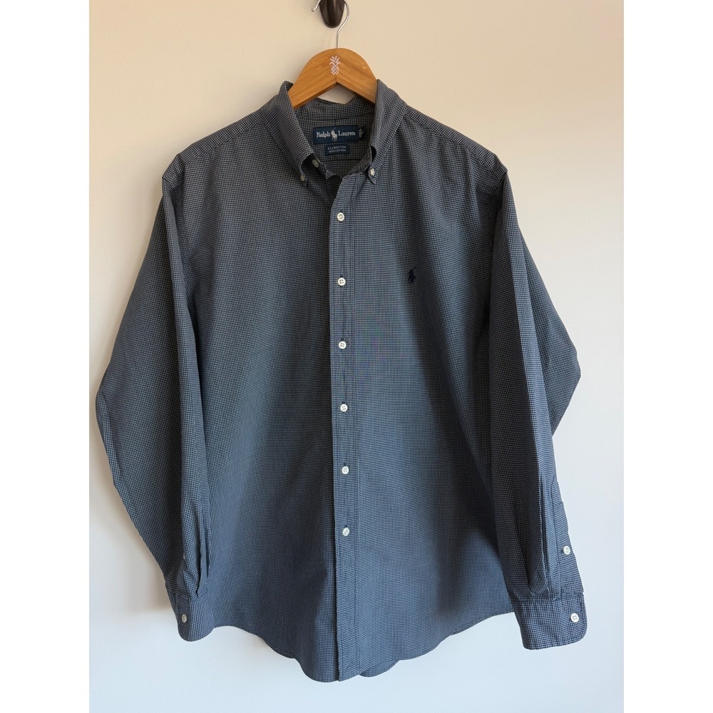 Ralph Lauren Mens Ellington Micro Check Button Down Large Blue Preppy Top
